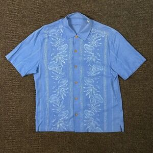 Tommy Bahama Silk Hawaiian Aloha Shirt Men L Blue Tropical Leaf Vacation Resort